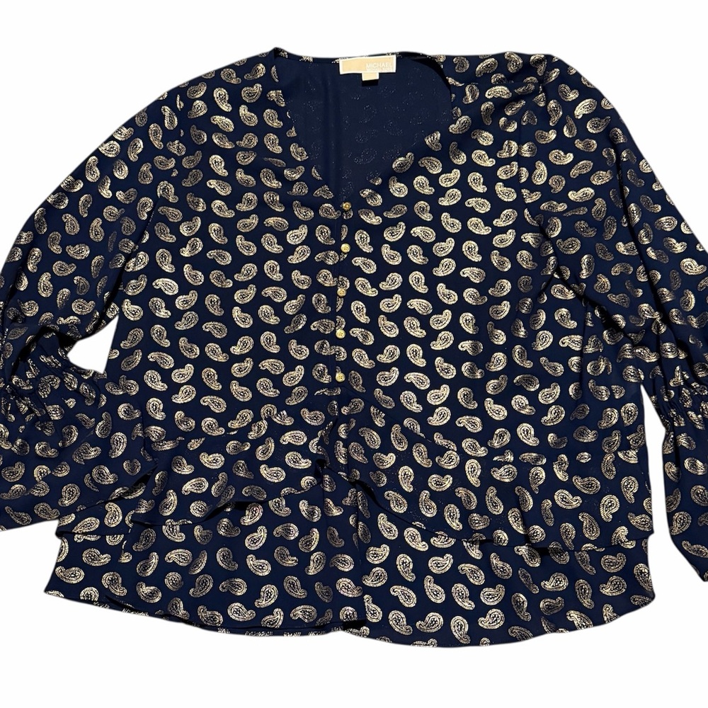 Michael Kors V Neck Navy and Gold Paisley Blouse